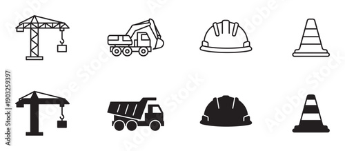 Set of black construction industry icons featuring a crane, excavator, hard hat, and traffic cone in both minimalist line art and solid silhouette styles for graphic design