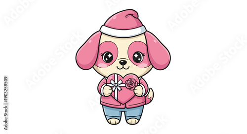 Cute kawaii dog mascot character wearing pink hat and holding heart shaped gift in hands against clean white background.