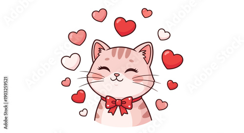 A cute pink cat with a red bow and heart decorations around its head, conveying a joyful and loving mood in a minimalist illustration.