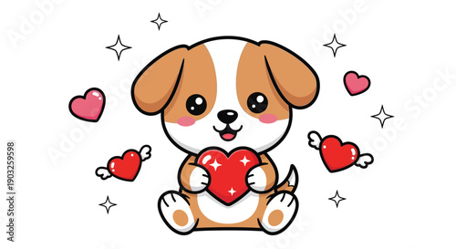 Cute brown and white puppy mascot holding a heart with floating hearts and sparkles around it on a white background, conveying love and romance in a kawaii style.