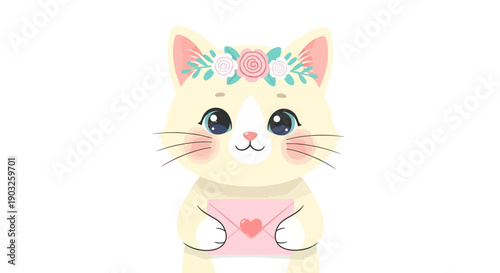 Cute cartoon cat mascot with Valentine's Day attributes, wearing a pink dress and floral headband against a clean white background.