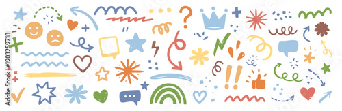 Hand drawn doodle elements set with arrows, stars, hearts, speech bubbles, symbols and decorative marks. Cute colorful flat vector collection for notes, social media, stickers and UI design.