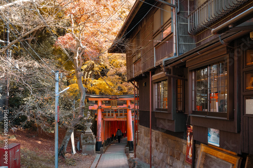 Traditional Torii Gate Path Through Wooden Houses in Autumn Japan.A scenic pathway leading through vibrant red torii gates beside traditional wooden houses, surrounded by autumn foliage in Japan. 