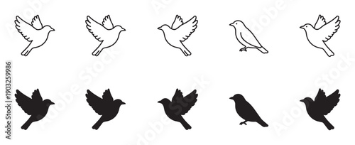 Collection of simple bird illustrations in black, featuring both outline and solid silhouette designs of flying and perching birds in a clean, minimalist graphic style