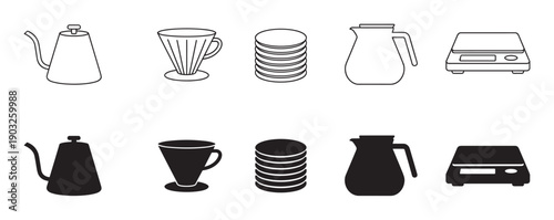 Pour-over coffee making equipment icon set featuring a gooseneck kettle, dripper, filters, server, and digital scale presented in both simple line art and solid black silhouette styles