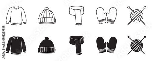 Set of black winter clothing icons featuring a sweater, hat, scarf, mittens, and yarn with needles in both outline and solid silhouette styles for a cozy, handmade theme