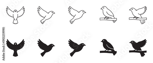 Collection of simple black bird icons in various poses, including flying and perched on a branch, presented in both minimalist outline and solid silhouette graphic styles