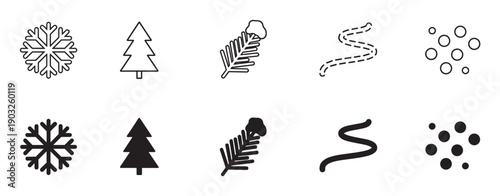 Set of black winter icons showing a snowflake, pine tree, snowy branch, wind, and snowfall presented in two distinct styles, a simple line art outline and a solid silhouette