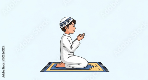 Young Muslim boy praying on a prayer mat.