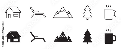 Set of black vacation icons showing a cabin, lounge chair, mountain, tree, and hot mug in both outline and solid silhouette styles for travel and leisure concepts