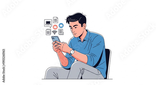 Young man using smartphone with technology icons floating above.