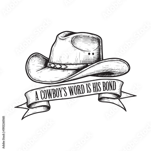  vintage cowboy hat with ribbon and promise isolated on white background