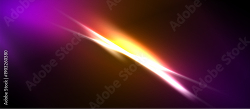 Abstract vibrant light streaks dominate image. Purple, orange, yellow hues blend into darkness. Diagonal composition creates dynamic visual impact.