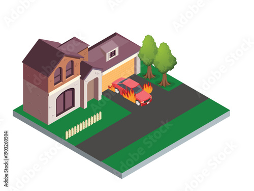 House with Car on Fire in Private Driveway 3d isometric vector illustration