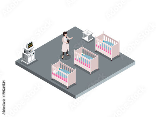 Hospital Newborn Nursery and Pediatric Doctor 3d isometric vector illustration