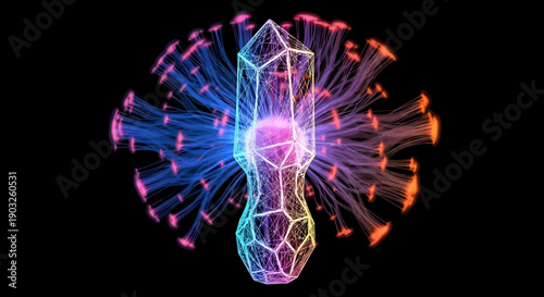 Radiant faceted crystal with intricate glowing fiber optic energy trails against a dark