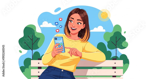 Young woman smiling while using her smartphone on a park bench.