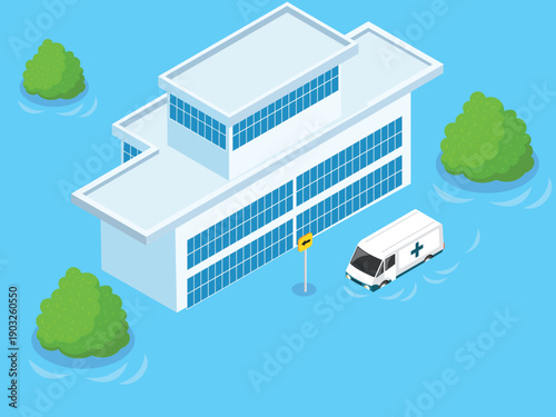 Hospital Building Flooded by Natural Disaster Water 3d isometric vector illustration