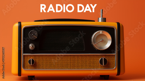Radio Day text with vibrant orange vintage radio sits on an orange background 