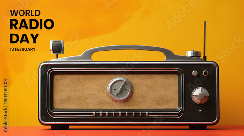 Celebrating World Radio Day on February 13th feature vintage radio against an orange background.
