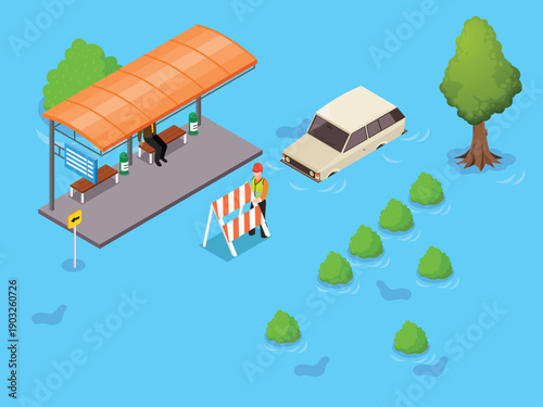 Urban Flooding with Submerged Car and Blocked Bus Stop 3d isometric vector illustration