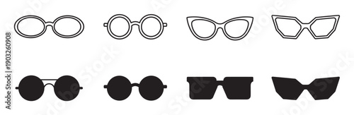 Collection of black glasses and sunglasses icons featuring various modern and retro frame styles, presented as simple graphic outlines and solid black silhouettes