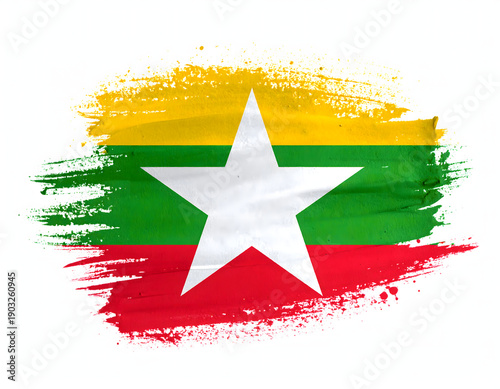 Myanmar National Flag with Artistic Brushstroke and White Star Symbol