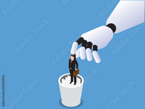 Robot Hand Picking Up Businessman from Trash Can, Artificial Intelligence Replacing Human Jobs Concept 3d isometric vector illustration