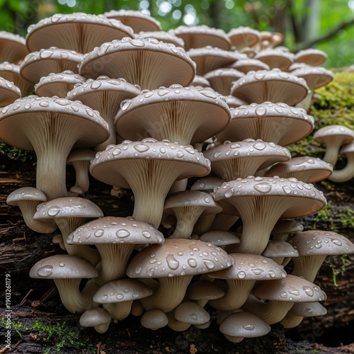 Mushrooms in the forest with water drops