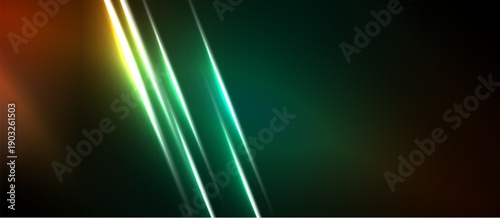 Abstract background features vibrant light streaks. Colors blend from orange, green, to black. Dynamic composition creates modern feel.