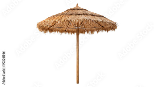 Foto Straw umbrella stands tall isolated on transparent background cut out