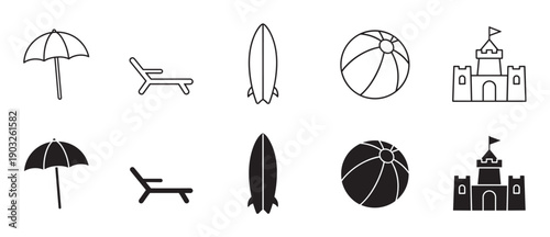 Collection of summer holiday vector icons including a beach umbrella, chaise longue, surfboard, ball, and sandcastle, designed in two styles as thin line art and filled glyphs
