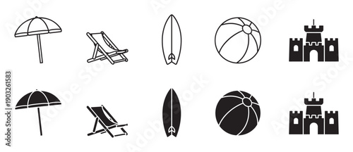 Set of black beach vacation icons featuring an umbrella, deck chair, surfboard, ball, and sandcastle in both line art and solid silhouette styles for summer holiday themes