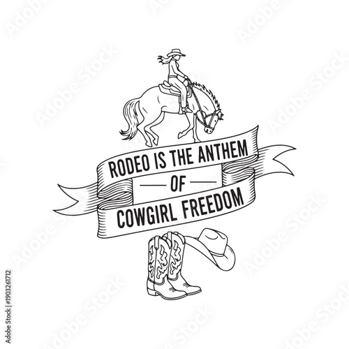 vintage cowgirl rodeo illustration with horse and boots isolated on white background
