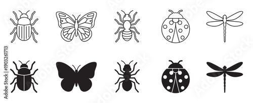 Set of black insect vector icons featuring a beetle, butterfly, ant, ladybug, and dragonfly in both minimalist line art and solid silhouette styles for graphic design