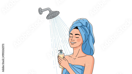 Relaxed woman with a blue towel on her head taking a refreshing shower and using liquid soap for hygiene and self-care in an illustration.