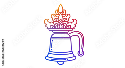 Colorful gradient line art illustration of a ceremonial ritual bell with ornate decorative details