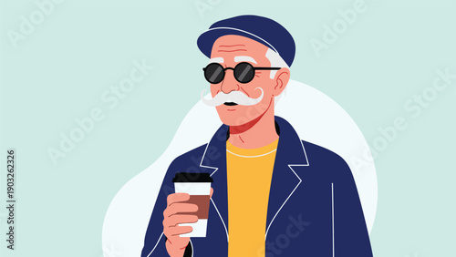 Stylish senior man with a white mustache wearing a hat and sunglasses enjoys a cup of coffee while standing against a soft blue backdrop.