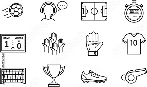 Soccer football line icon set with match score referee equipment trophy goal symbols vector collection minimal modern outline