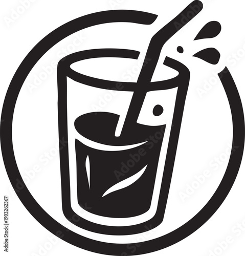 Glass with straw and liquid inside a circular symbol
