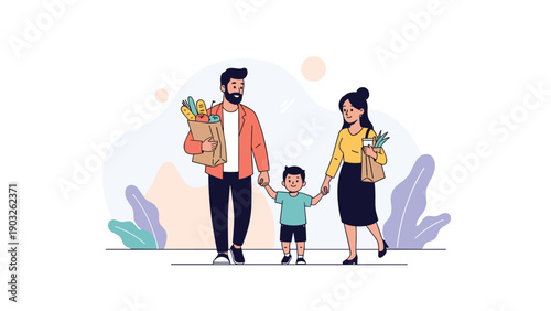 Happy family consisting of a mother father and young son walk together outside while carrying bags full of fresh healthy groceries.