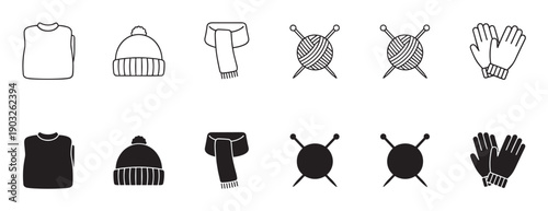 Set of black winter clothing icons featuring a sweater, beanie, scarf, gloves, and yarn with knitting needles, presented in both minimalist line art and solid silhouette vector styles