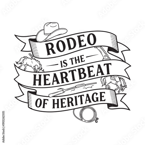  vintage rodeo banner with cowboy hat and rope on white