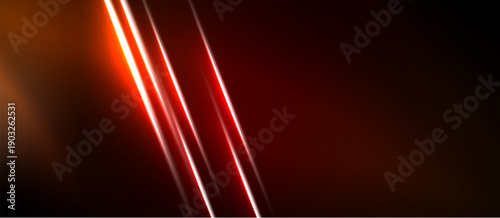Abstract background features vibrant red lines against dark orange, black gradients. Minimalist design evokes energy, motion, depth.