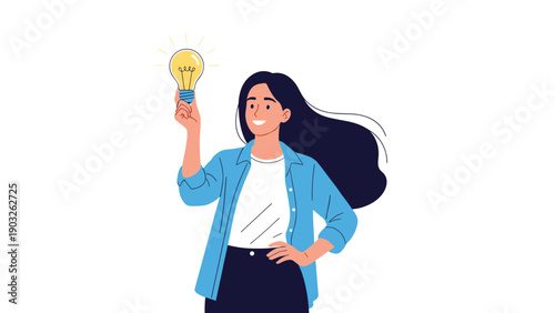 Inspired young woman holds up a glowing lightbulb symbol representing a bright new idea or a creative solution to a difficult problem.