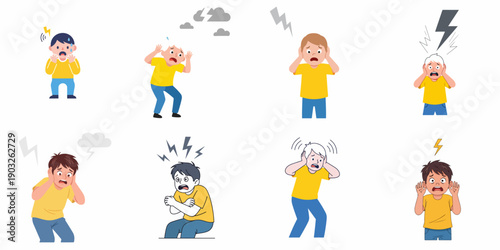 Various cartoon illustrations depicting people with strong fear, panic, anxiety, and phobia symptoms, often triggered by loud noises or thunderstorms.