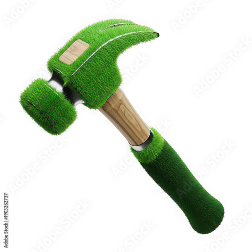 A vibrant green hammer with a wooden handle and a shiny metallic head.