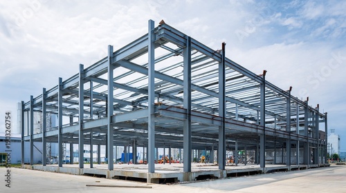 girder. Steel frame structure in progress at an industrial site, highlighting modern construction. real-estate listings.