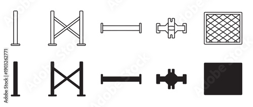 Scaffolding components icon set showing various parts like posts, braces, and connectors in both line art and solid silhouette styles for construction and engineering graphics