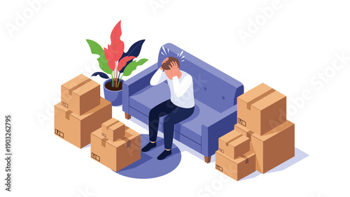 Stressed man sits on a sofa and holds his head in his hands while surrounded by many cardboard moving boxes in a new living room.